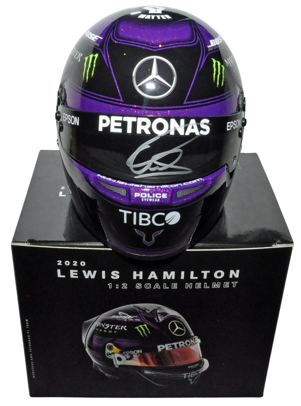 Lewis Hamilton Signed HALF SCALE F1 2020 Mercedes Purple Replica Helmet