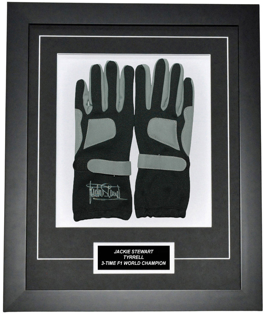 Jackie Stewart Signed 19x23 Inches Black Racing Gloves Montage Frame – Authentic Formula 1 Memorabilia