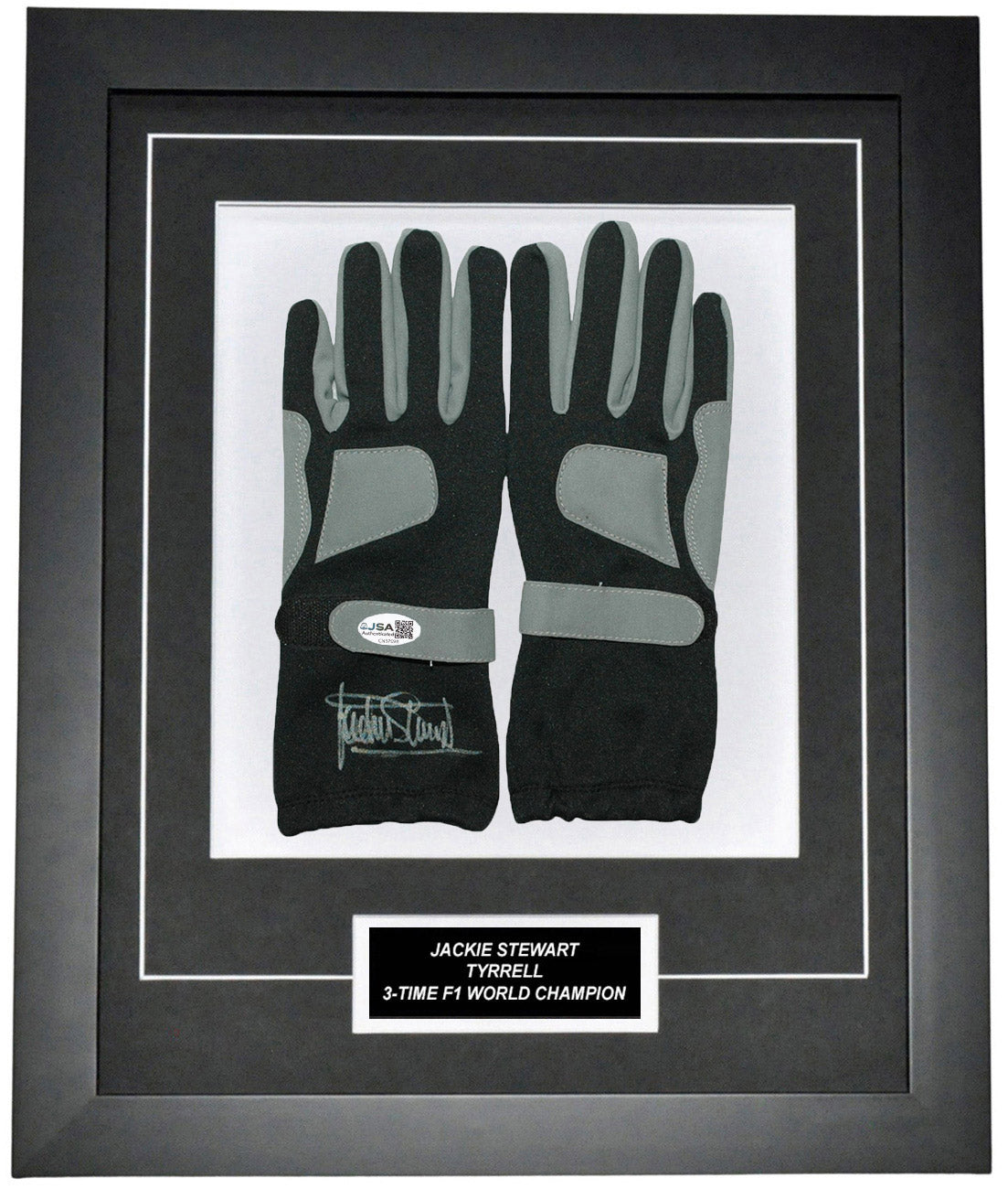 Jackie Stewart Signed 19x23 Inches Black Racing Gloves Montage Frame – Authentic Formula 1 Memorabilia