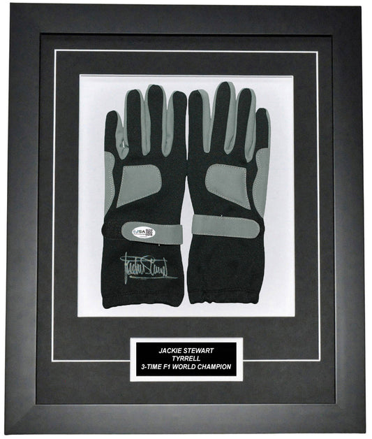 Jackie Stewart Signed 19x23 Inches Black Racing Gloves Montage Frame – Authentic Formula 1 Memorabilia