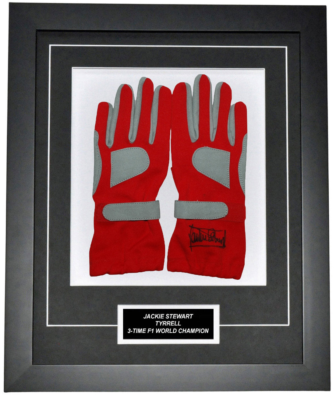 Jackie Stewart Signed 19x23 Inches Red Racing Gloves Montage Frame – Authentic Formula 1 Memorabilia