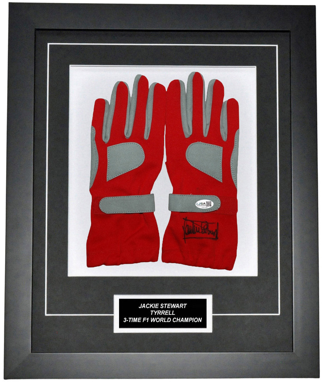 Jackie Stewart Signed 19x23 Inches Red Racing Gloves Montage Frame – Authentic Formula 1 Memorabilia