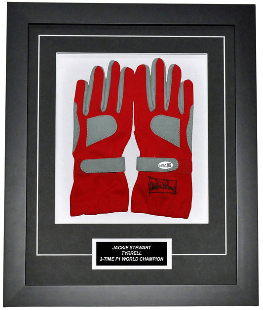 Jackie Stewart Signed 19x23 Inches Red Racing Gloves Montage Frame – Authentic Formula 1 Memorabilia