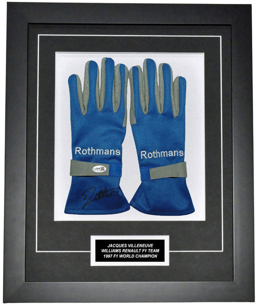 Jacques Villeneuve Signed 19x23 Inches 1997 Replica Gloves Montage Frame – Authentic Formula 1 Memorabilia
