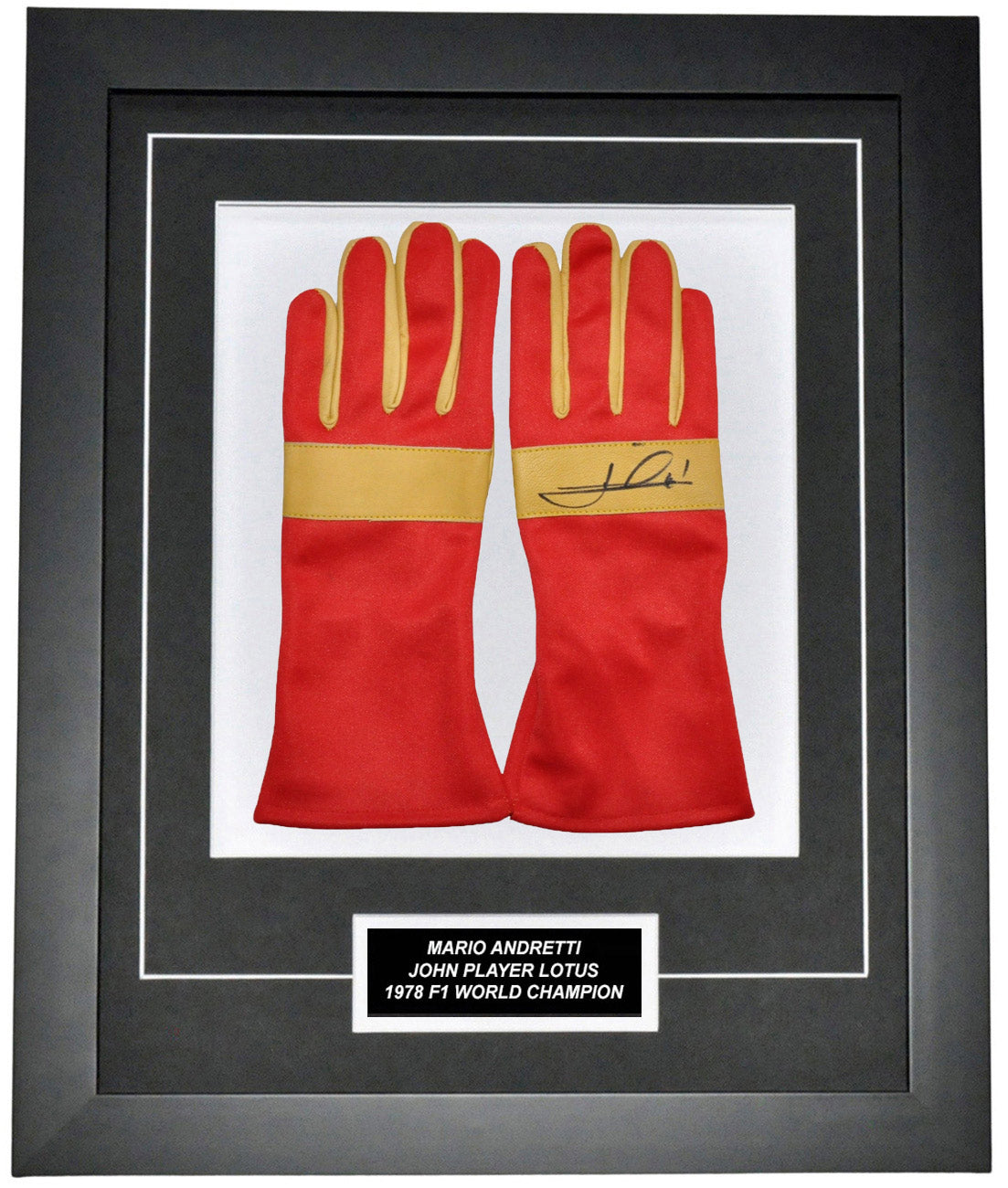 Mario Andretti Signed 19X23 Inches Vintage Replica Gloves Montage Frame – Authentic Formula 1 Memorabilia
