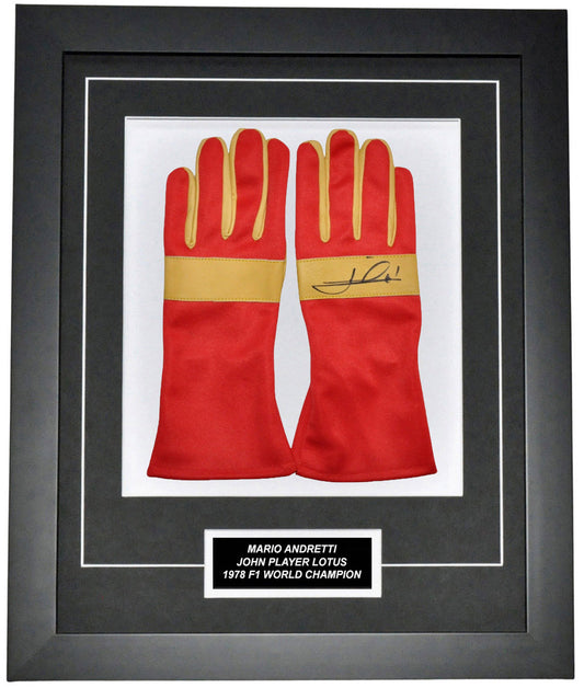 Mario Andretti Signed 19X23 Inches Vintage Replica Gloves Montage Frame – Authentic Formula 1 Memorabilia
