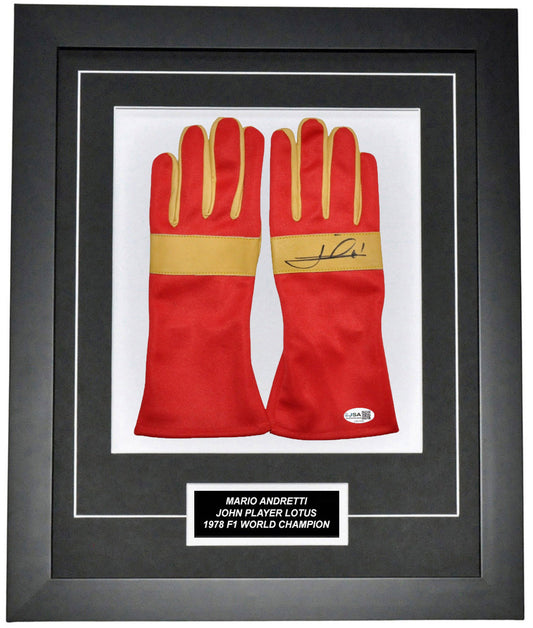 Mario Andretti Signed 19X23 Inches Vintage Replica Gloves Montage Frame – Authentic Formula 1 Memorabilia