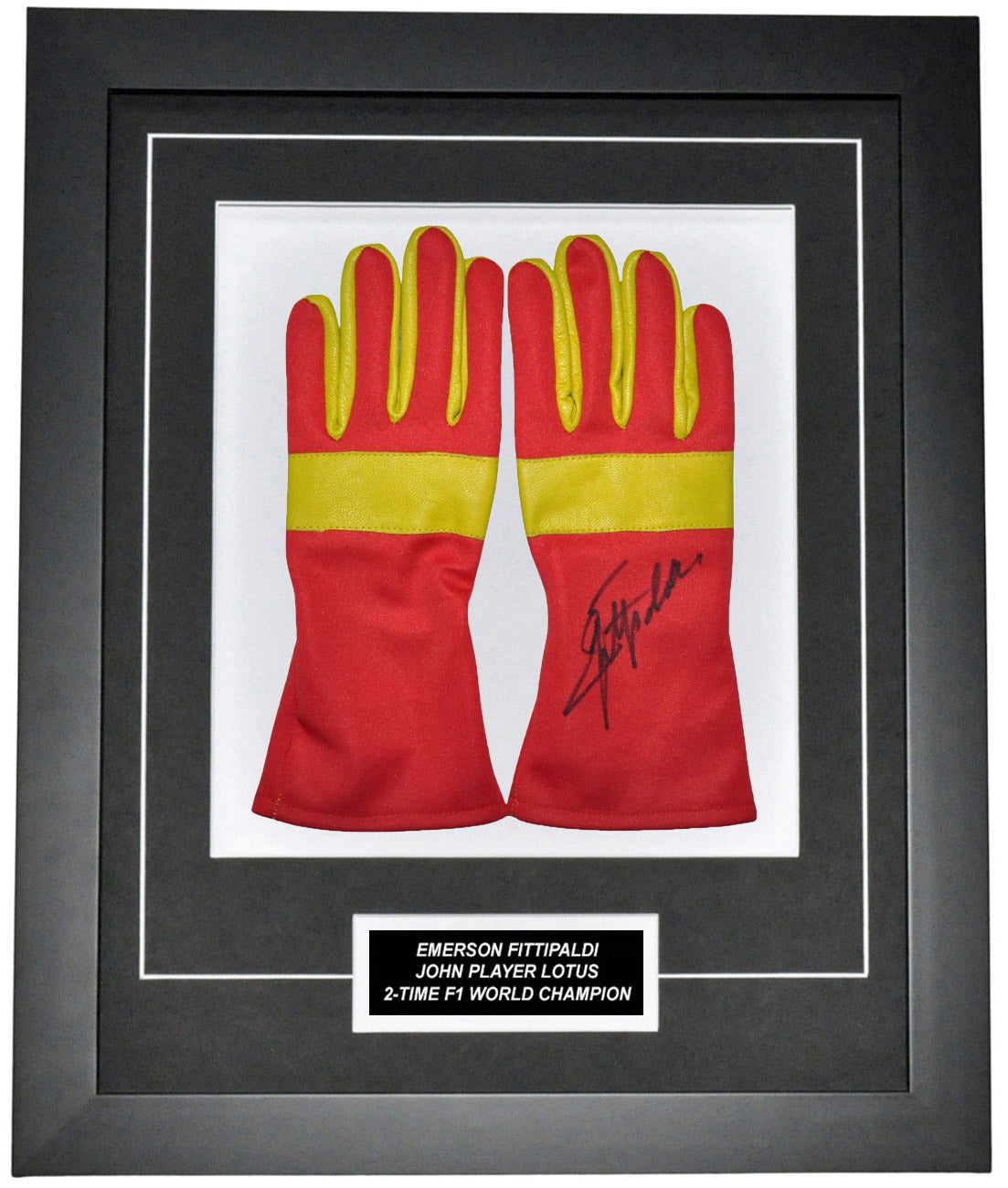 Emerson Fittipaldi Signed 19x23 Inches Vintage Replica Gloves Montage Frame – Authentic Formula 1 Memorabilia
