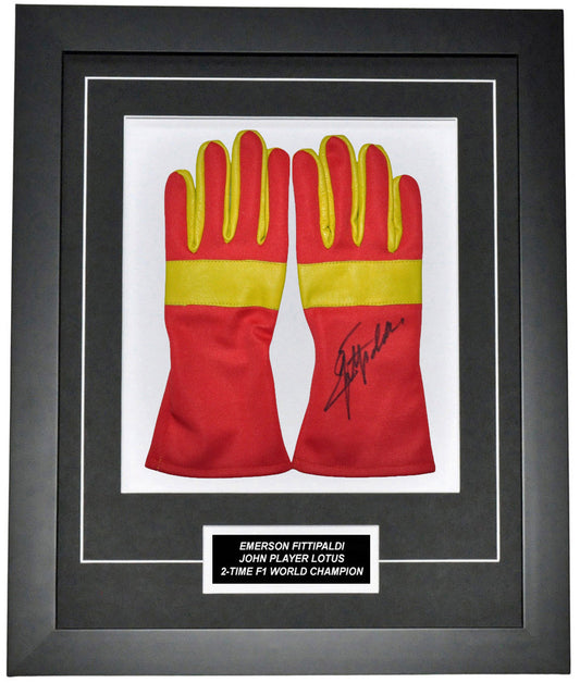 Emerson Fittipaldi Signed 19x23 Inches Vintage Replica Gloves Montage Frame – Authentic Formula 1 Memorabilia