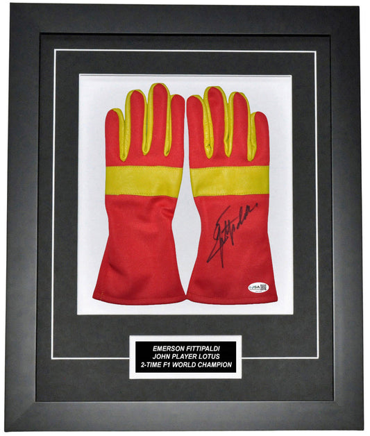 Emerson Fittipaldi Signed 19x23 Inches Vintage Replica Gloves Montage Frame – Authentic Formula 1 Memorabilia