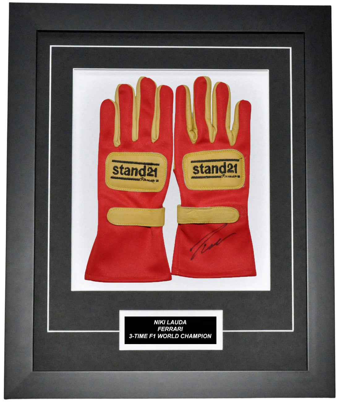 Niki Lauda Signed 19X23 Inches Red Racing Replica Gloves Montage Frame – Authentic Formula 1 Memorabilia