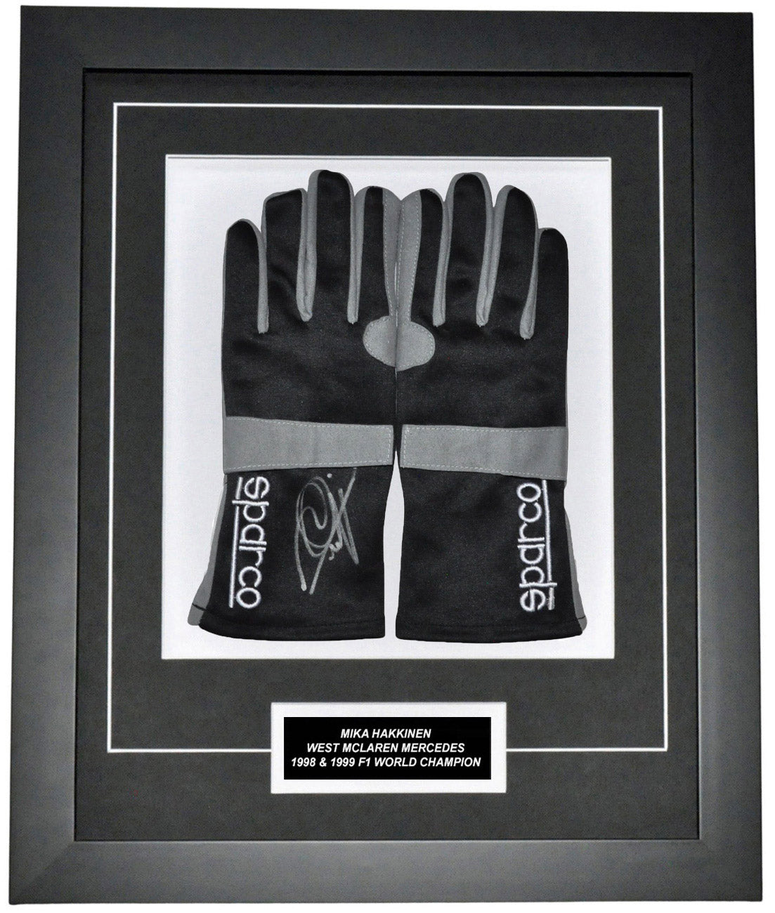 Mika Hakkinen Signed 19x23 Inches 1999 Replica Gloves Montage Frame