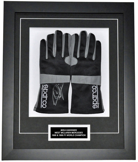 Mika Hakkinen Signed 19x23 Inches 1999 Replica Gloves Montage Frame