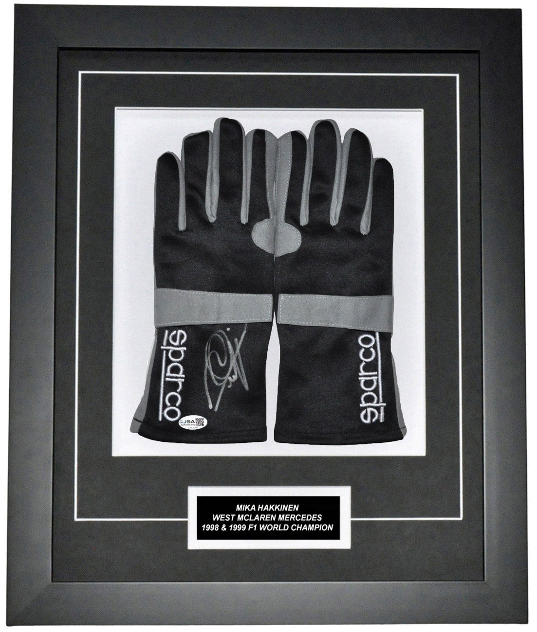 Mika Häkkinen Signed 19x23 Inches 1999 Replica Gloves Montage Frame – Authentic Formula 1 Memorabilia