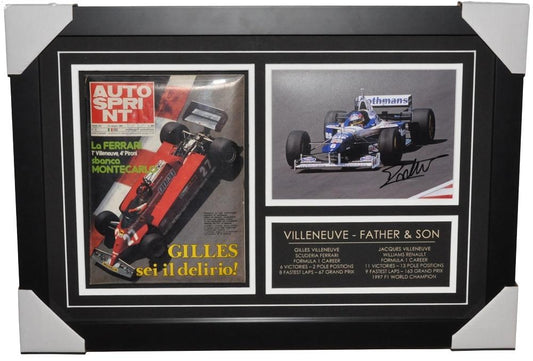 GILLES & JACQUES VILLENEUVE SIGNED 20X29 INCHES FORMULA 1 MONTAGE FRAME - SOLD