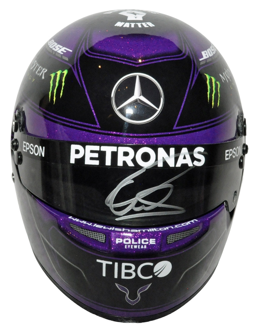 Lewis Hamilton Signed HALF SCALE F1 2020 Mercedes Purple Replica Helmet